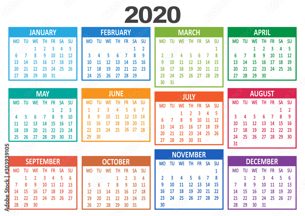 Yearly calendar 2020. Week starts from Monday. Vector illustration