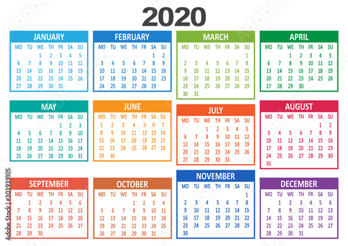 Yearly calendar 2020. Week starts from Monday. Vector illustration