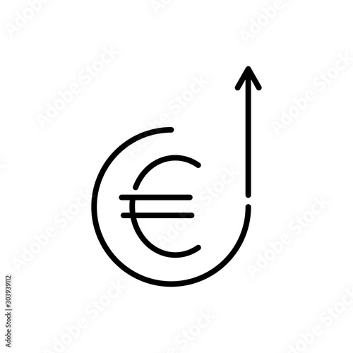 Icono plano lineal símbolo euro en circulo con flecha hacia arriba en color negro
