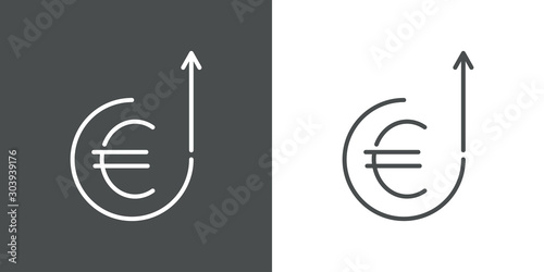 Icono plano lineal símbolo euro en circulo con flecha hacia arriba en fondo gris y fondo blanco