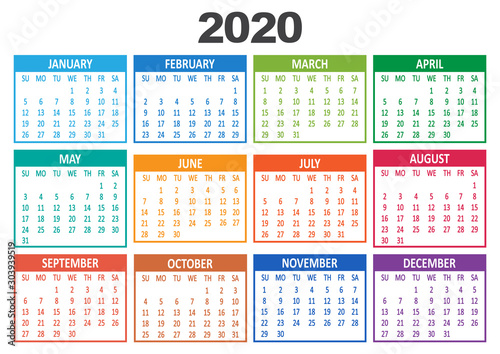 Colorful yearly calendar 2020. Week starts from Sunday. Vector illustration