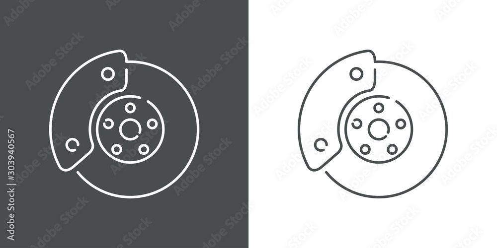 Icono plano lineal disco de freno de auto en fondo gris y fondo blanco Icono plano lineal disco de freno de auto en fondo gris y fondo blanco