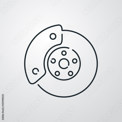 Icono plano lineal disco de freno de auto en fondo gris 
