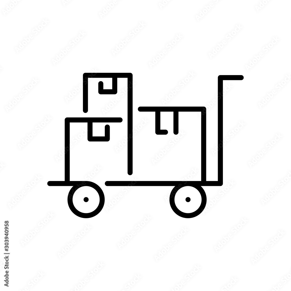 Símbolo logística con icono lineal de cajas de cartón en carro de mano en color negro Símbolo logística con icono lineal de cajas de cartón en carro de mano en color negro