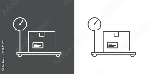 Símbolo logística con icono lineal de cajas de cartón en balanza en fondo gris y fondo blanco