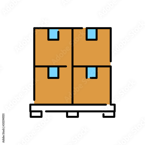 Símbolo logística con icono lineal de cajas de cartón en palé en varios colores