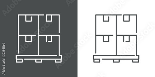 Símbolo logística con icono lineal de cajas de cartón en palé en fondo gris y fondo blanco