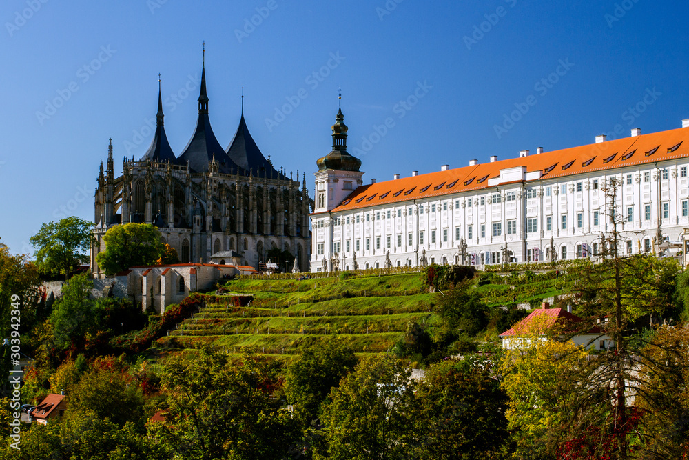 The historical center of Kutná Hora. View to Church the of St. Barbara and Jesuit College. One of the most famous Gothic churches in central Europe UNESCO World Heritage.Czech Republic.