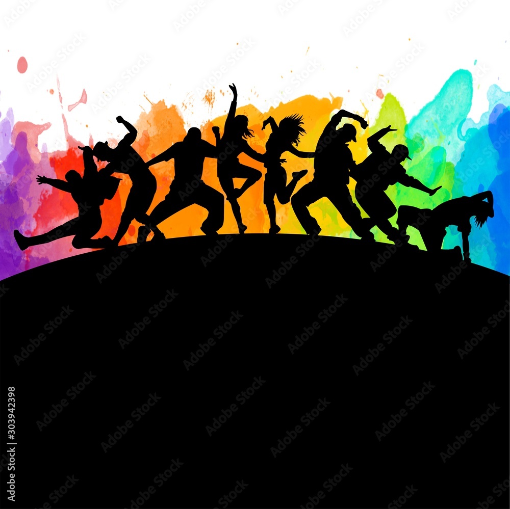 Detailed illustration silhouettes of expressive dance colorful group of people dancing. Jazz funk, hip-hop, house. Dancer man jumping on white background. Happy celebration
