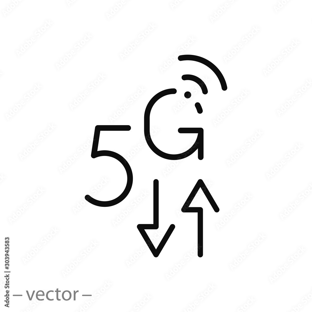 outline 5g icon, world technology, data transfer arrows, loading, thin linear symbol for web and mobile phone on white background - editable stroke vector illustration eps10