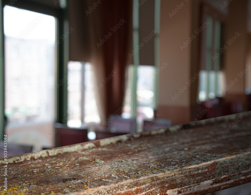 blurred cafe restaurant club background with wooden table