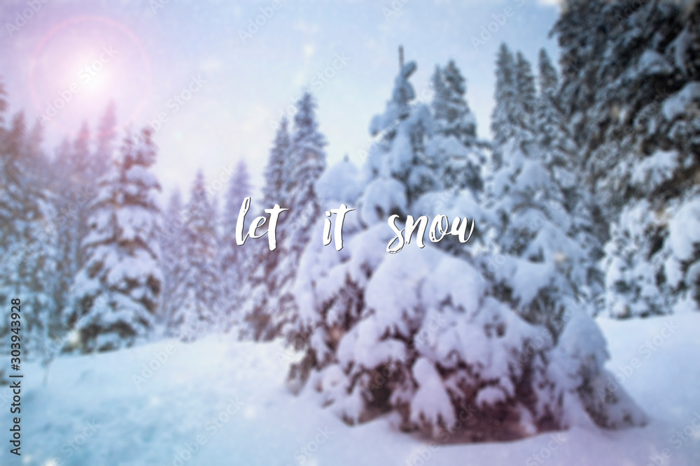 Winter-Inspirational quote on a winter landscape background with pine trees covered in snow.