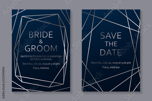 Set of modern geometric luxury wedding invitation design or card templates for business or presentation or greeting with silver lines on a navy blue background.