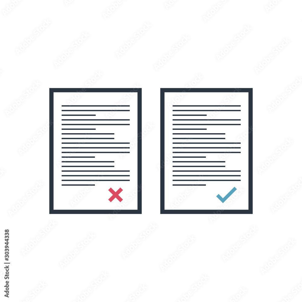 Approved and rejected document, cross and check mark on paper. Stock Vector illustration isolated on white background. Approved and rejected document, cross and check mark on paper. Stock Vector illustration isolated on white background.