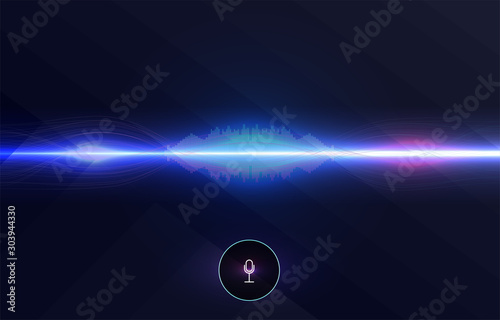 Voice recognition, equalizer, audio recorder. Microphone button with sound wave. Symbol of intelligent technology.   Hi-tech AI assistant voice, background wave flow, equalizer. Vector illustration