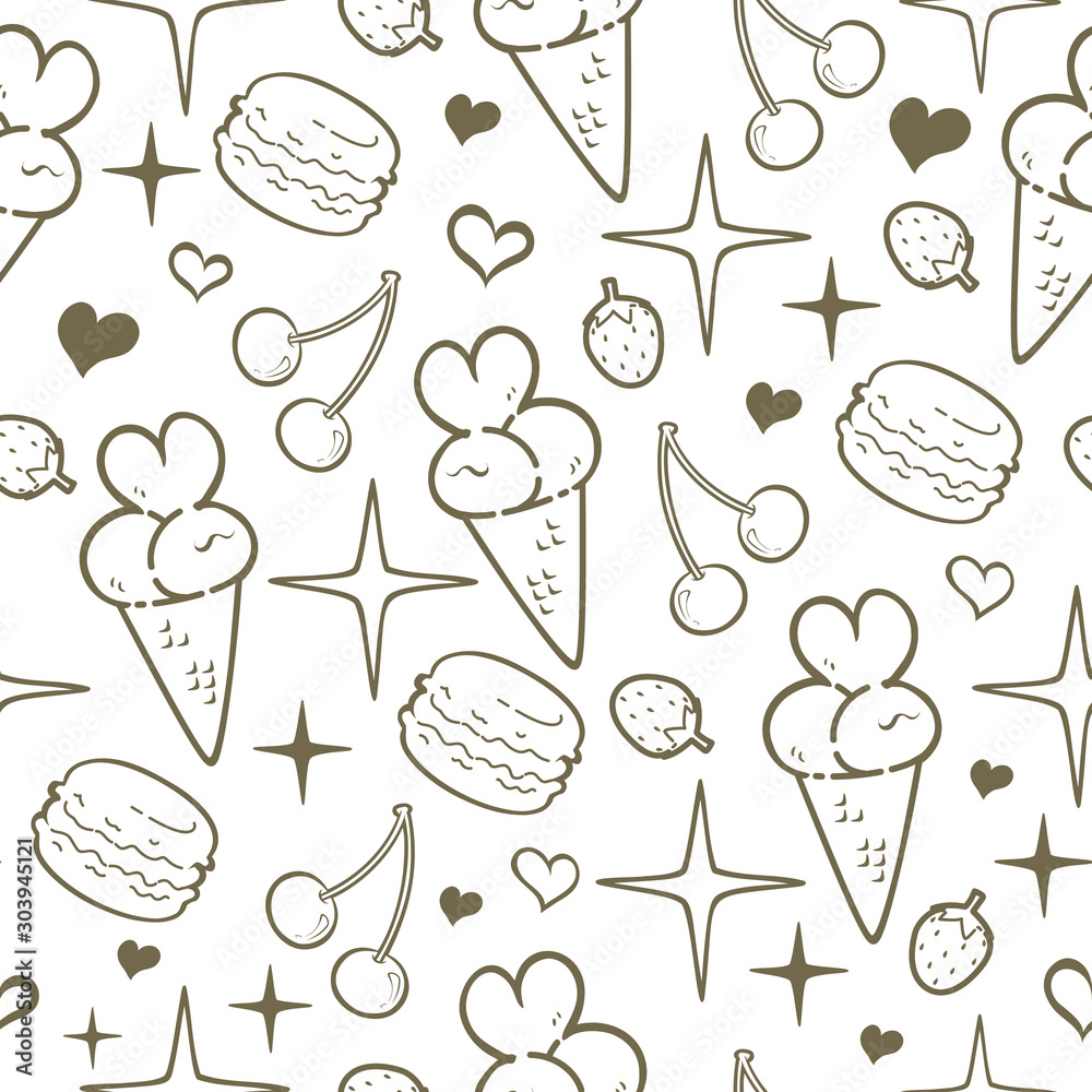 Doodle cute Doodle cute dessert vector illustration set, ice cream, macaroon, strawberry, cherry, heart, and star sparkling, For gift wrap pattern and wallpaper. Doodle cute Doodle cute dessert vector illustration set, ice cream, macaroon, strawberry, cherry, heart, and star sparkling, For gift wrap pattern and wallpaper.