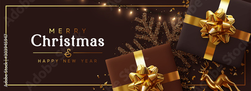 Holiday background Merry Christmas and Happy New Year. Xmas design with realistic festive objects, sparkling lights garland, brown and black gift box lush bow, glitter gold confetti, Golden deer