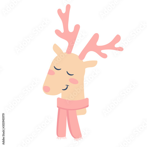 Cute deer head. Xmas design for the poster, greeting card, t-shirt. Vector hand drawn illustration. Winter time forest animal isolated on the white background