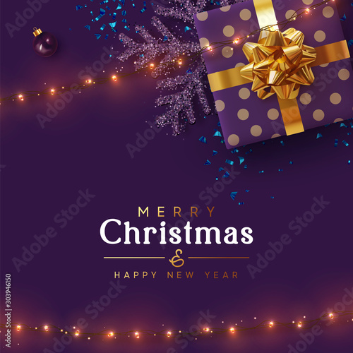 Holiday background Merry Christmas, Happy New Year. Xmas design with realistic festive objects, sparkling lights garland, purple gift box, lilac ball bauble, glitter violet confetti. Horizontal banner