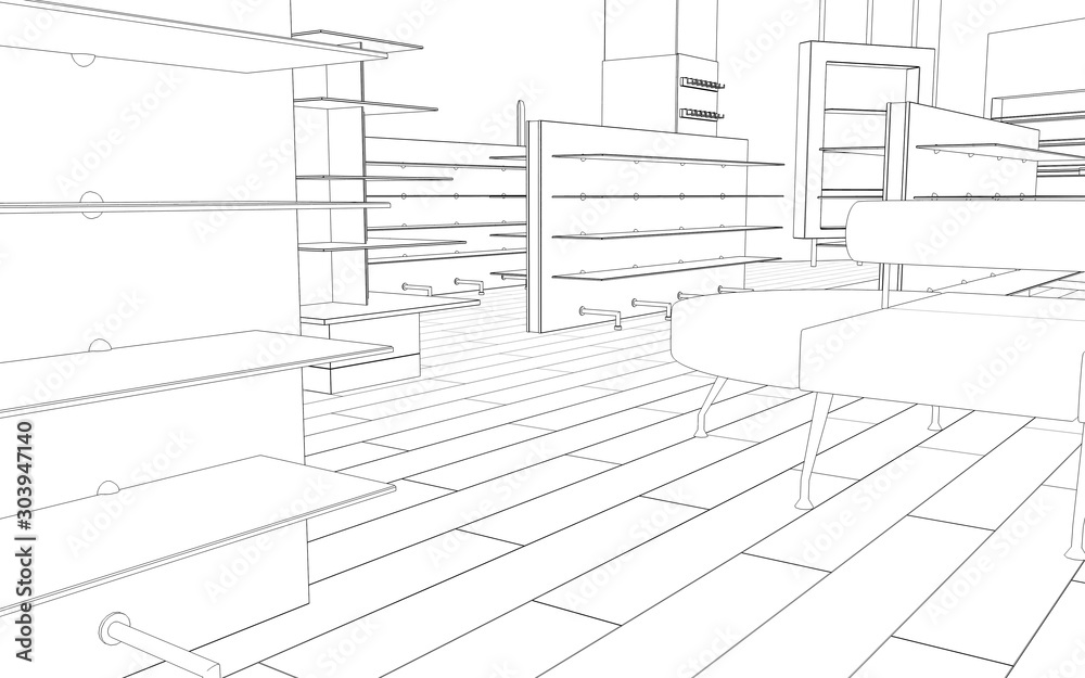 shopping mall, contour visualization, 3D illustration, sketch, outline shopping mall, contour visualization, 3D illustration, sketch, outline