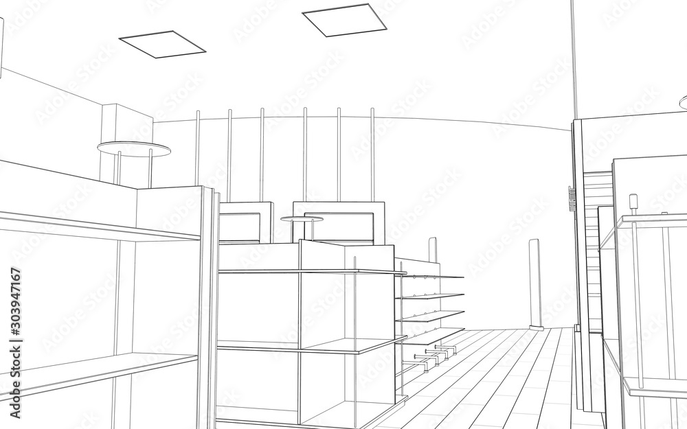 shopping mall, contour visualization, 3D illustration, sketch, outline shopping mall, contour visualization, 3D illustration, sketch, outline