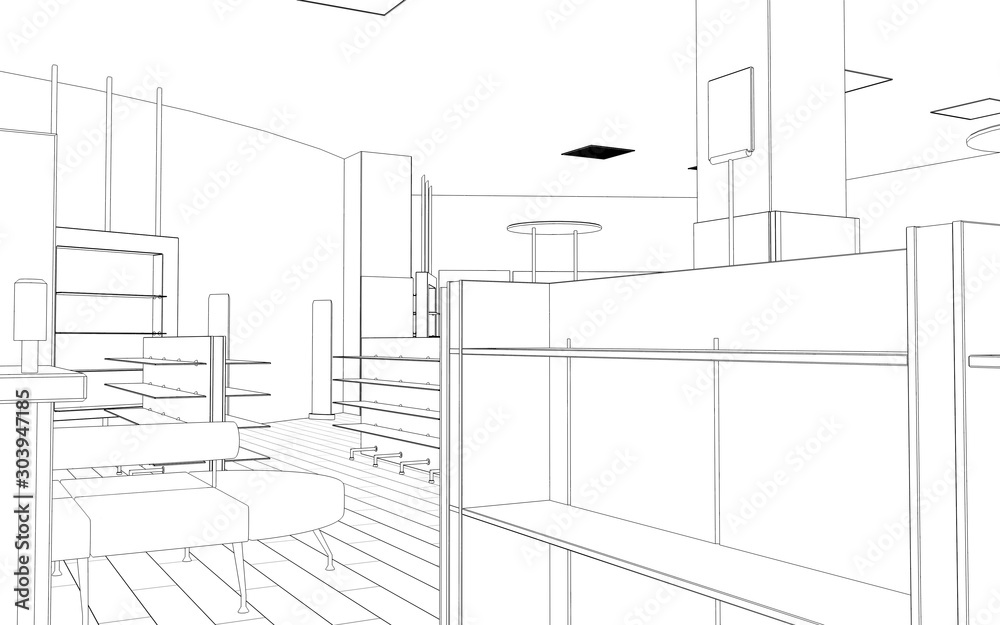Fototapeta premium shopping mall, contour visualization, 3D illustration, sketch, outline
