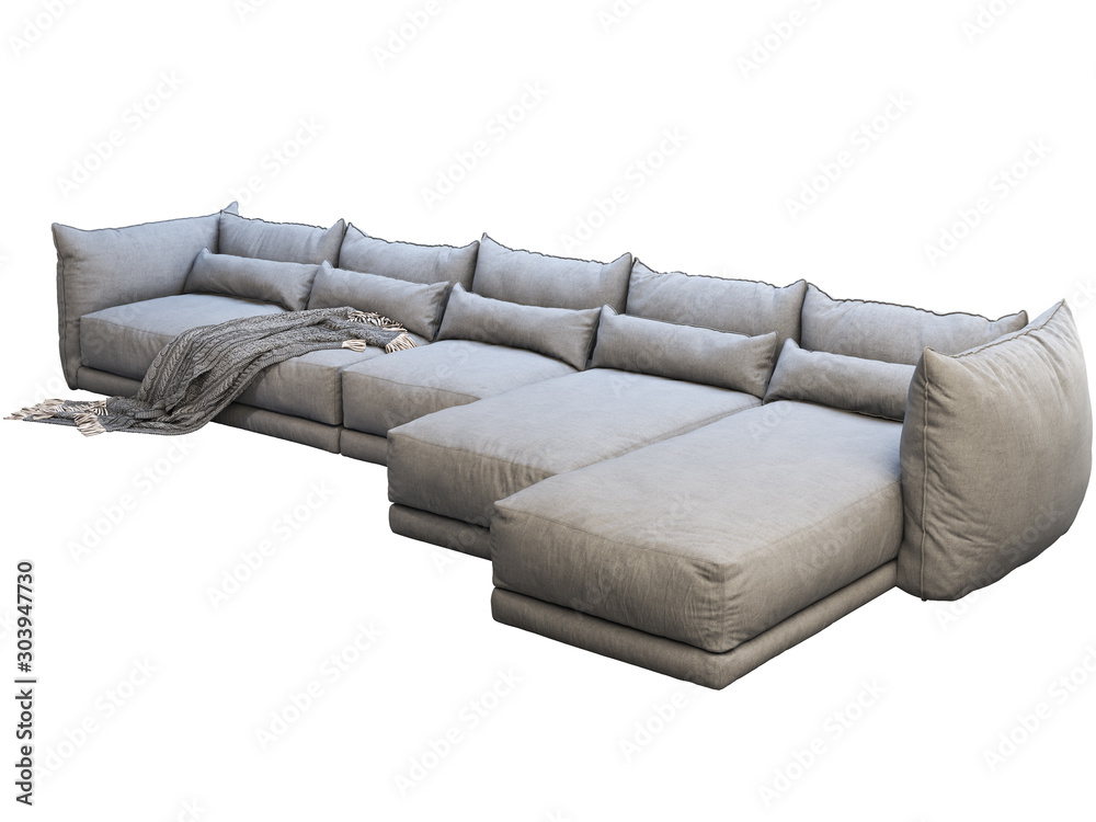 Modern huge gray corner fabric sofa with chaise lounge. 3d render