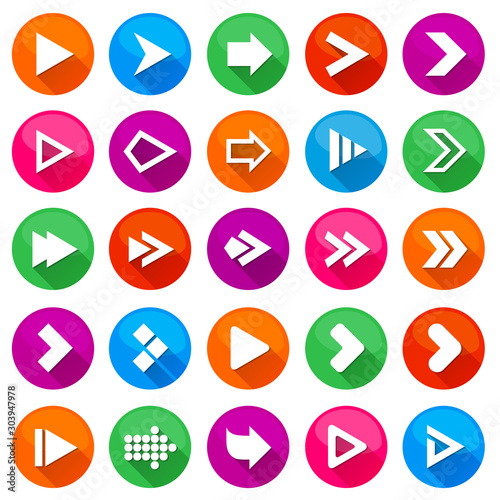 Arrow sign icon set. Circle shape buttons. Different arrows collection. Flat icons for Web and Mobile Applications. Navigation style round buttons. Vector