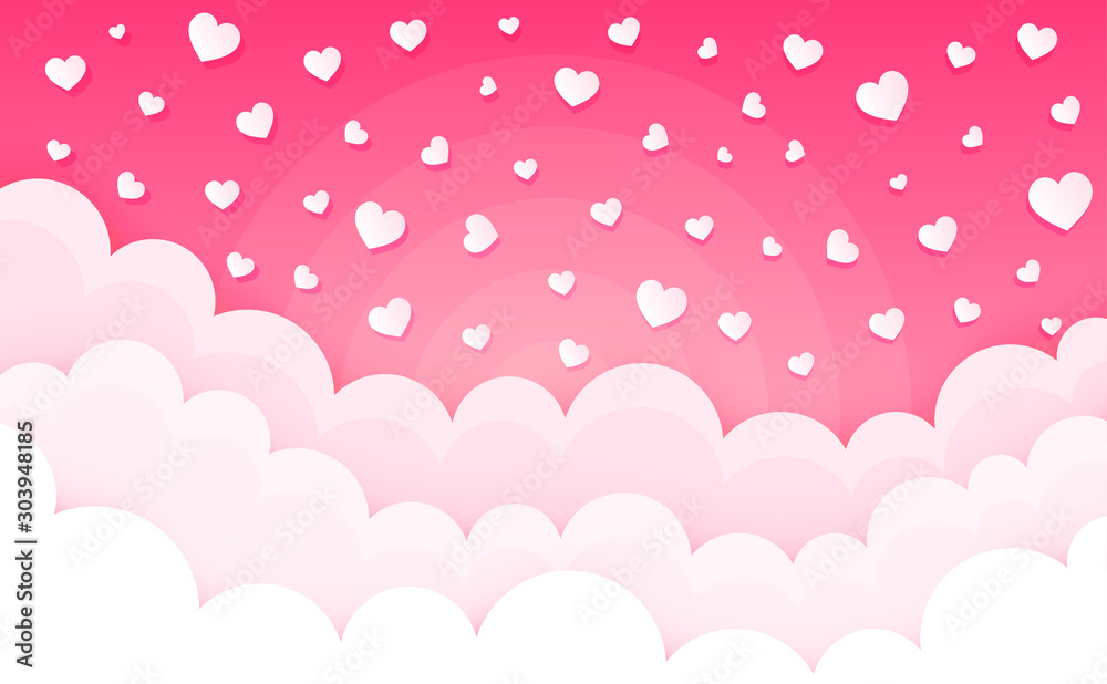 Cartoon clouds on hearts. Valentines day cumulus fluffy clouds. Cloudscape in pink sky. Love background. Puffy cloudy weather with hearts. Valentine day vector