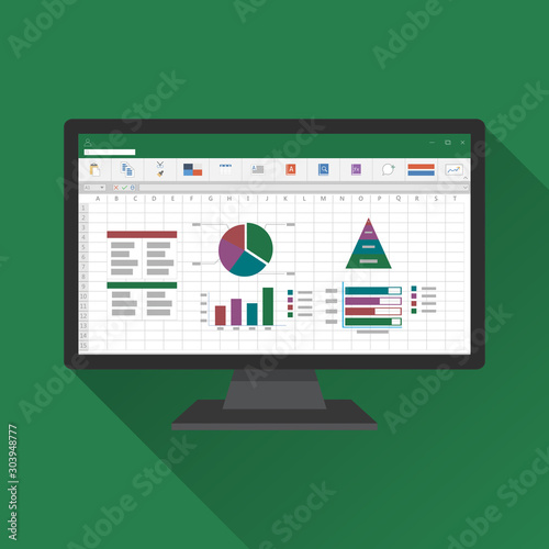 Spreadsheet on Computer screen flat icon. Financial accounting report concept. office things for planning and accounting, analysis, audit, project management, marketing, research vector illustration. photo