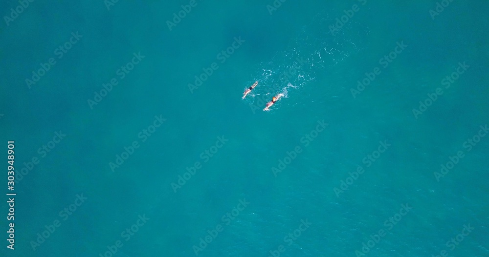 Two swimmers practicing in a long distance swim at calm ocean water. Top Down aerial footage. Two swimmers practicing in a long distance swim at calm ocean water. Top Down aerial footage.