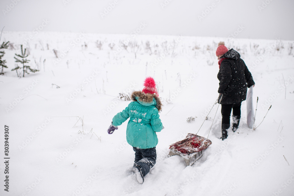 Portrait from behind of little girl following her grandmother pulling sled trough snowdrifts in winter day on field Portrait from behind of little girl following her grandmother pulling sled trough snowdrifts in winter day on field