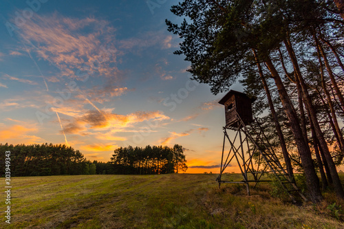 Deer stand (tree stand) beside field and forest at sunset light, Czech republic