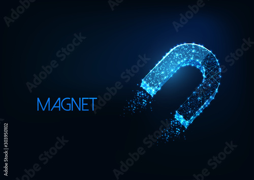 Futuristic glowing low polygonal horseshoe magnet symbol isolated on dark blue background. photo