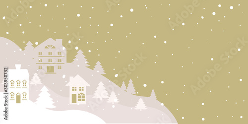 Fairy tale winter landscape. Seamless border. Christmas background. There are white silhouettes of fantastic houses and tree background. Vector illustration