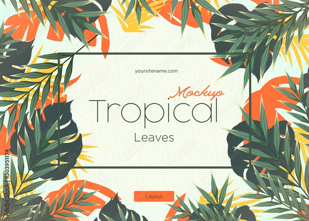 Plakat Bright tropical background with jungle plants. Exotic pattern with tropical leaves