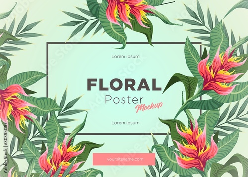 Bright tropical background with jungle plants. Exotic pattern with tropical leaves
