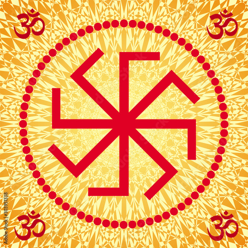 A Square circular orange mandala with aum / om  / ohm signs in the corners and a rotation element in the center. Vector art graphic.