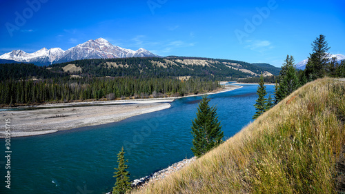 Panorama view of the Athabasca River with Pyramid Mountain in the Jasper National Park Alberta, Canada