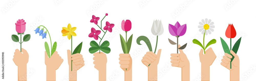 Flat design illustration of hands holding various flowers. Hands holding rose, tulip, orchid, espatifilo, bells flowers, bellis perennis, bulb flowers. Flat design illustration of hands holding various flowers. Hands holding rose, tulip, orchid, espatifilo, bells flowers, bellis perennis, bulb flowers.