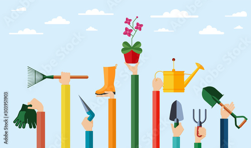 Flat design illustration of hands holding gardening tools. Hands holding various items for gardening and growing flowers.