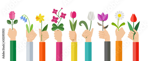 Flat design illustration of hands holding various flowers. Hands holding rose, tulip, orchid, espatifilo, bells flowers, bellis perennis, bulb flowers.