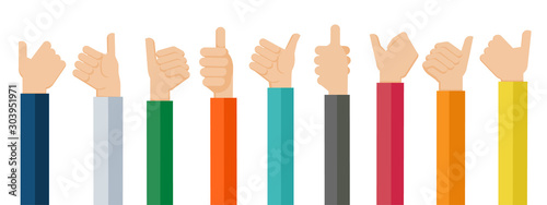 Flat design illustration of hands showing thumb up. Vector illustration of hands showing positive mood.