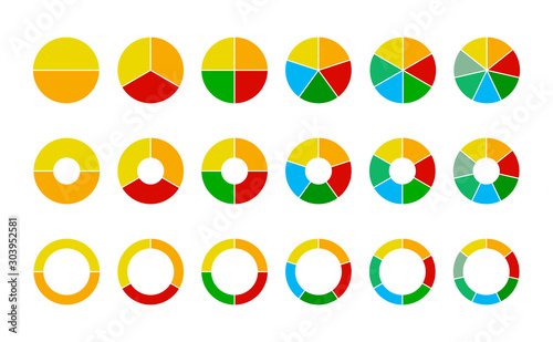 Set of wheel business chart icons in a variety of segments isolated on white.