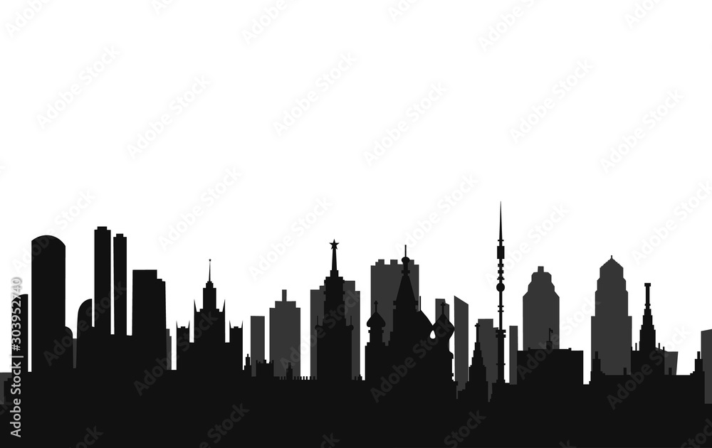 Moscow City skyline black and white silhouette. Vector illustration. Concept for tourism presentation, banner, placard or web site. Business travel concept. Cityscape with famous landmarks Moscow City skyline black and white silhouette. Vector illustration. Concept for tourism presentation, banner, placard or web site. Business travel concept. Cityscape with famous landmarks
