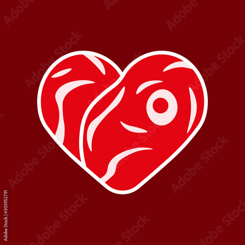 Heart shaped steak isolated vector illustration. Cartoon style piece of raw meat. Meat lovers Valentines day funny greeting card.