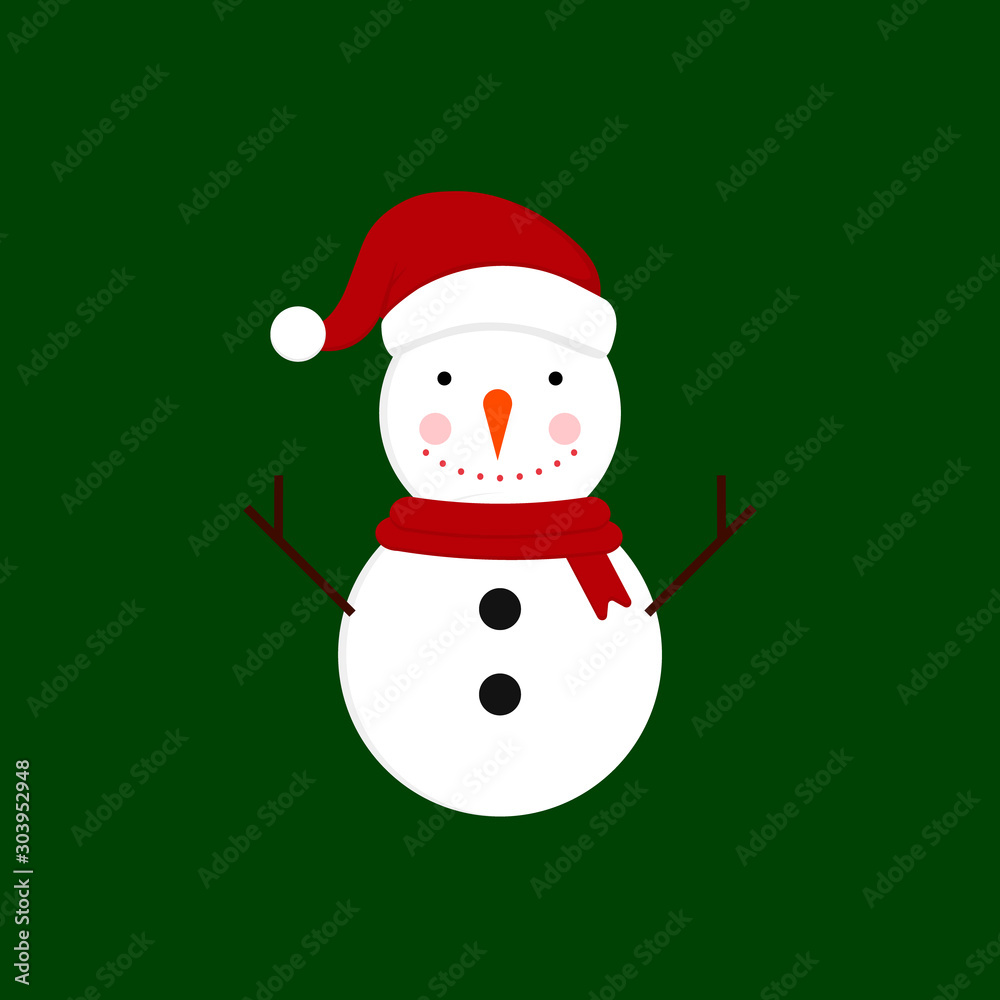 Cute snowman illustration in flat style. Winter symbol, icon. Christmas or New Year greeting card design element.