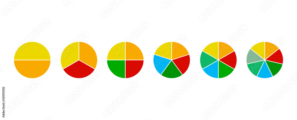 Pie chart set. Colorful diagram collection with 2,3,4,5,6 sections or ...