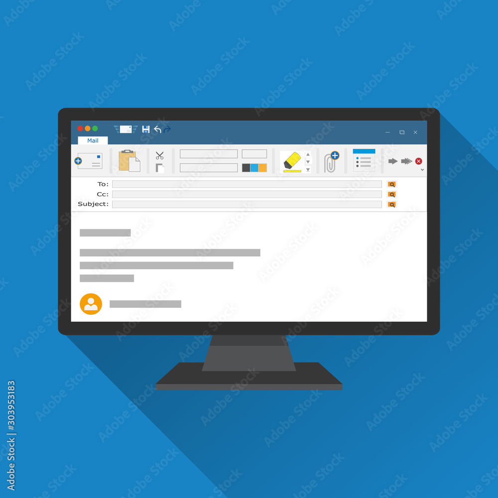 Email client software on Computer screen flat icon. business concept. office things for planning and accounting, analysis, audit, project management, marketing, research vector illustration Email client software on Computer screen flat icon. business concept. office things for planning and accounting, analysis, audit, project management, marketing, research vector illustration