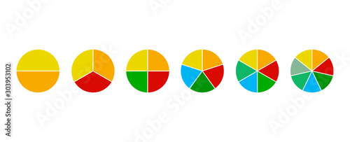 Pie chart set. Colorful diagram collection with 2,3,4,5,6 sections or steps. Circle icons for infographic, UI, web design, business presentation. Vector illustration.